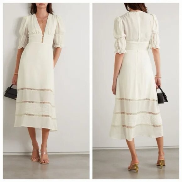 NEW NWT Reformation Ginny Lace Trim Georgette Midi Dress Ivory V-Neck - Picture 1 of 10